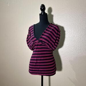 Vintage Susie Rose Pink and Black Y2K V Neck Flare Arm Cinch Waist Shirt Top